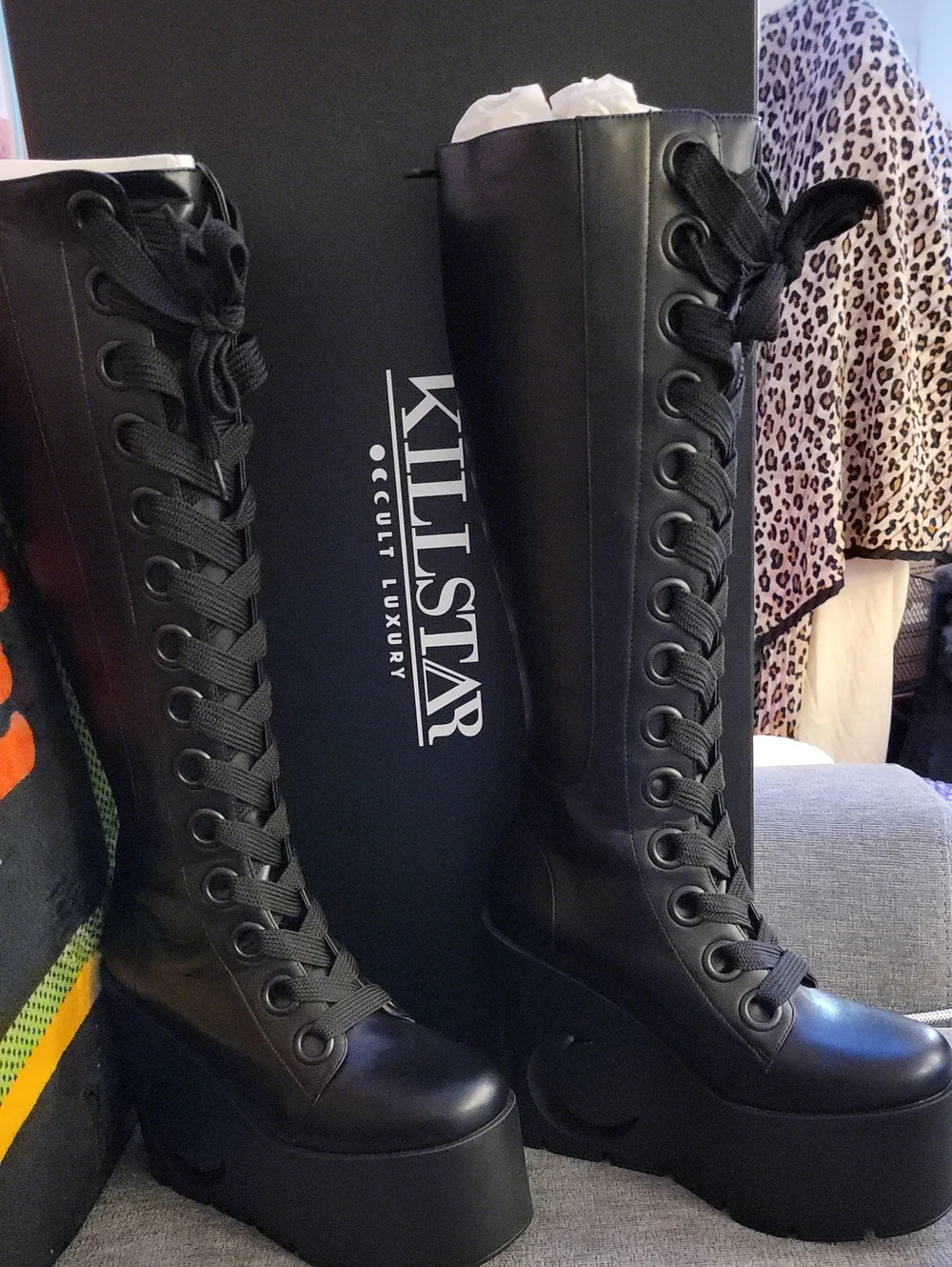 New with Box Killstar Dawn Black Lace-Up Platform Knee-High Boots Size 9